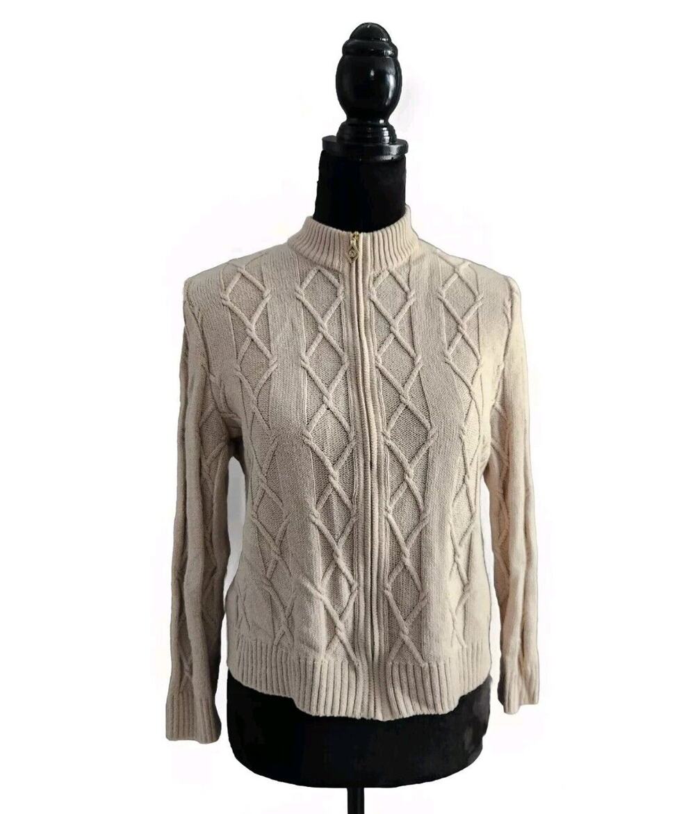 St. John Sport Beige Long Sleeve Zip Up Knit Sweater Cardigan Size P